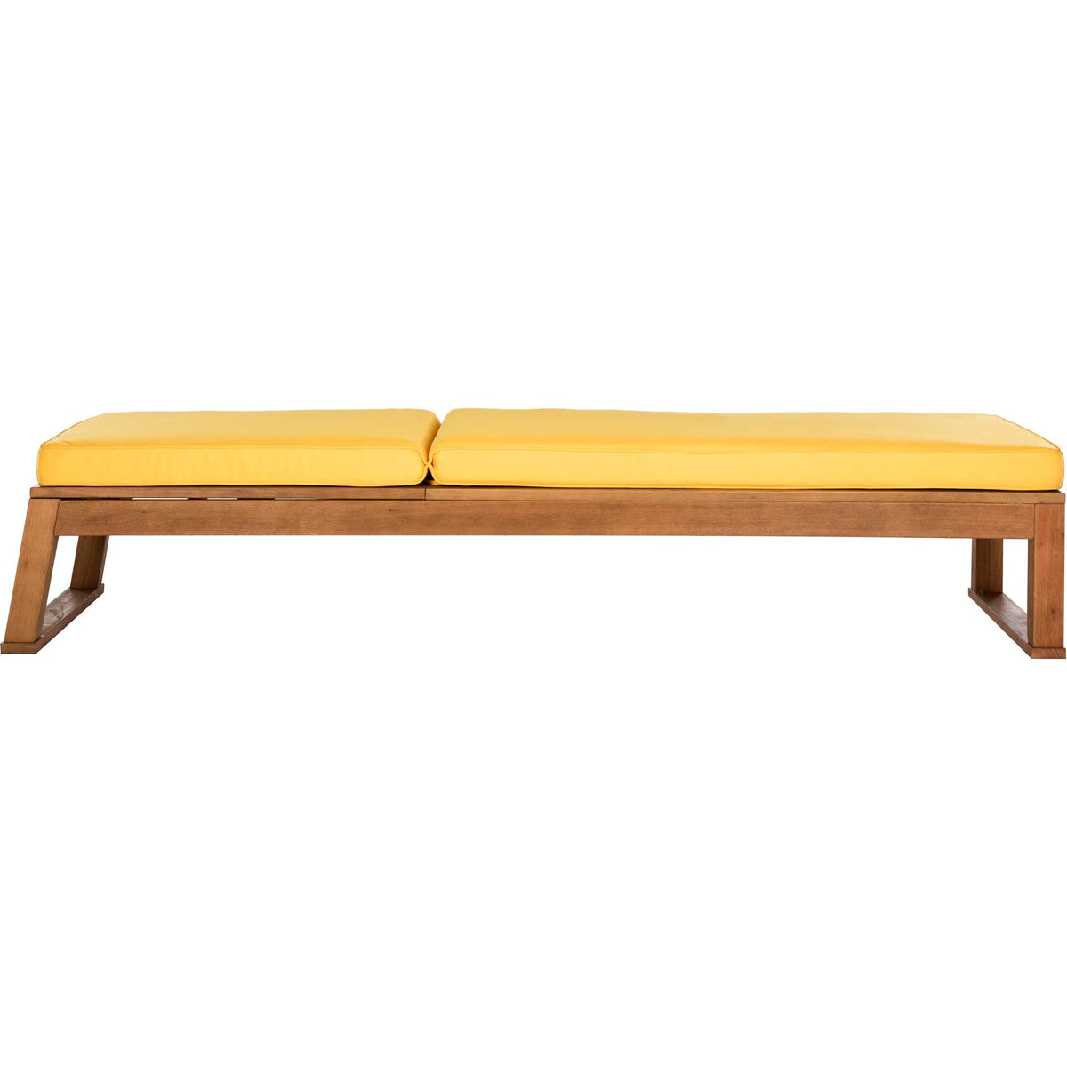 The backrest reclines flat, extending the yellow-cushioned surface for leisurely sunbathing.