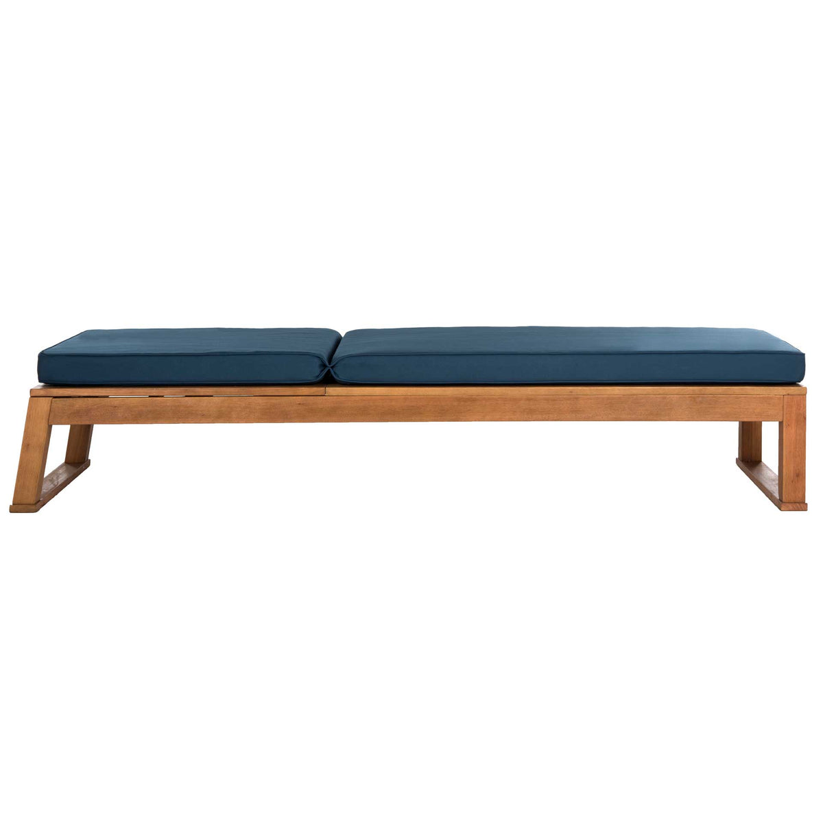 The navy-cushioned backrest reclines flat across the low wood frame for restful sunbathing.
