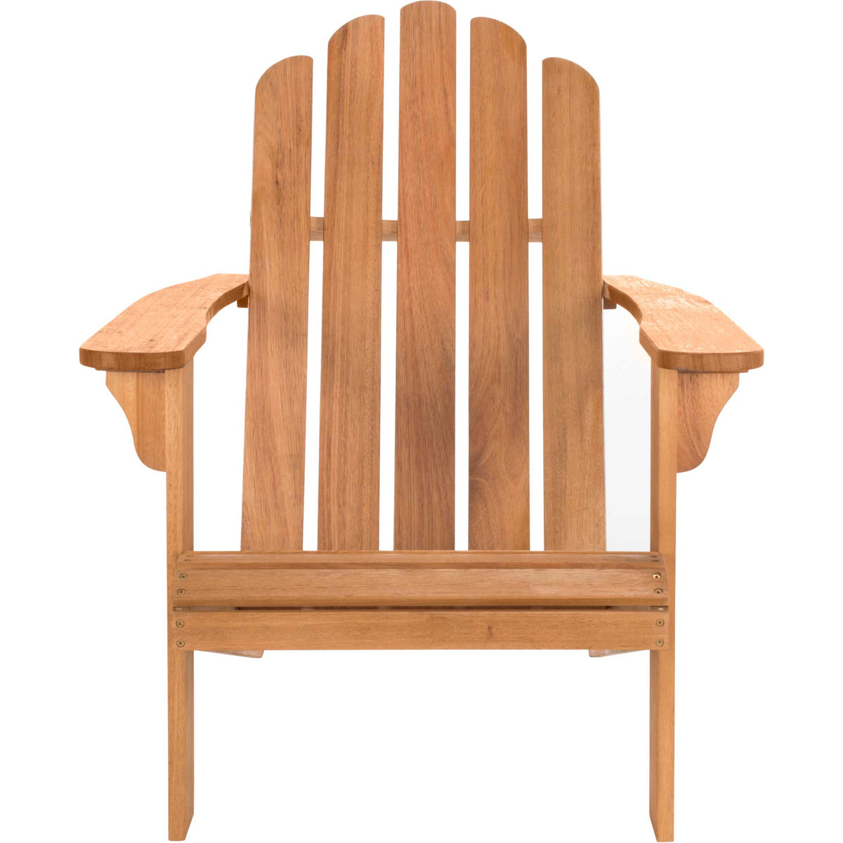 Natural wood Adirondack chair with rounded back slats, wide armrests and an inviting low seat || PAT7027A || front_studio