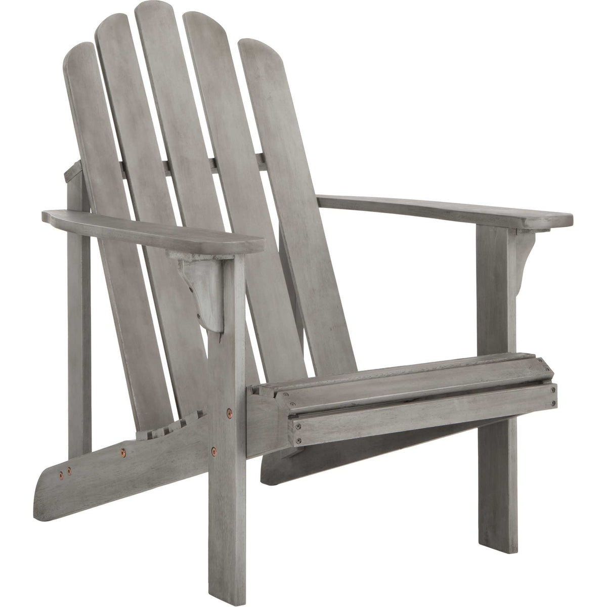 Gray-washed eucalyptus chair with a gently arched slatted back and wide armrests || PAT7027B || front_angle_studio