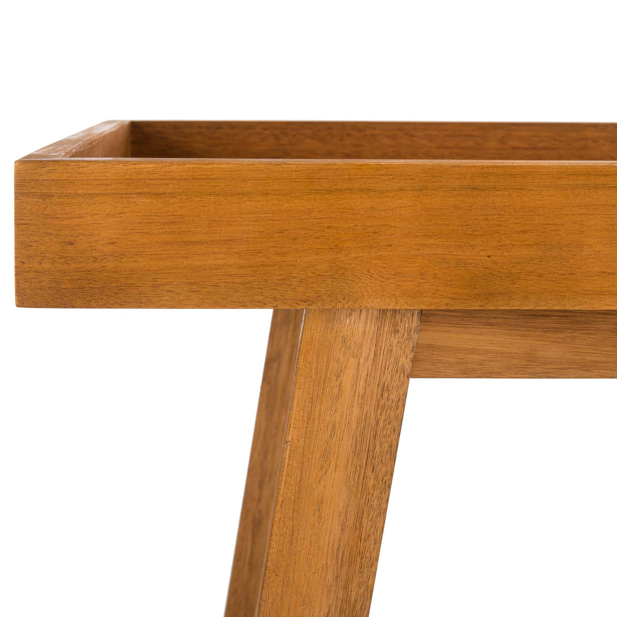 Raised serving tray rim showcases warm natural wood grain above an angled support