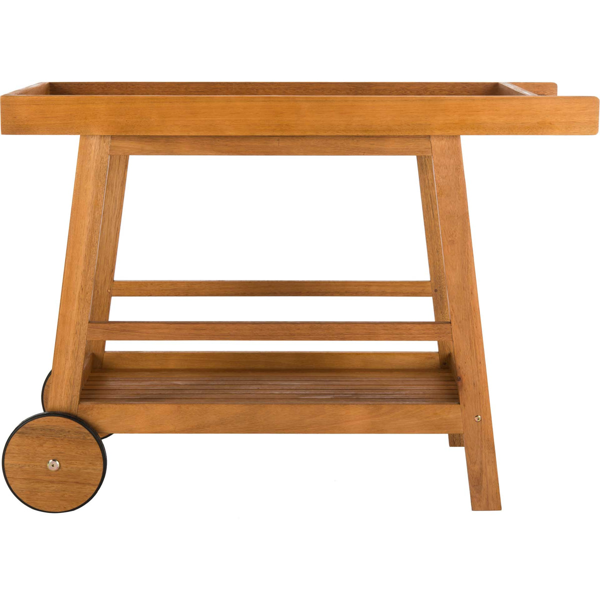 Warm wood serving cart with an open lower shelf, angled supports, and a raised tray for drinks || PAT7032A || front_studio