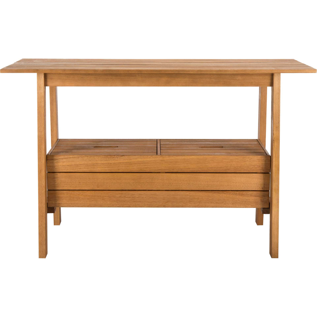 Natural wood serving cart with a broad plank top and two slatted lower storage panels. || PAT7035A || front_studio