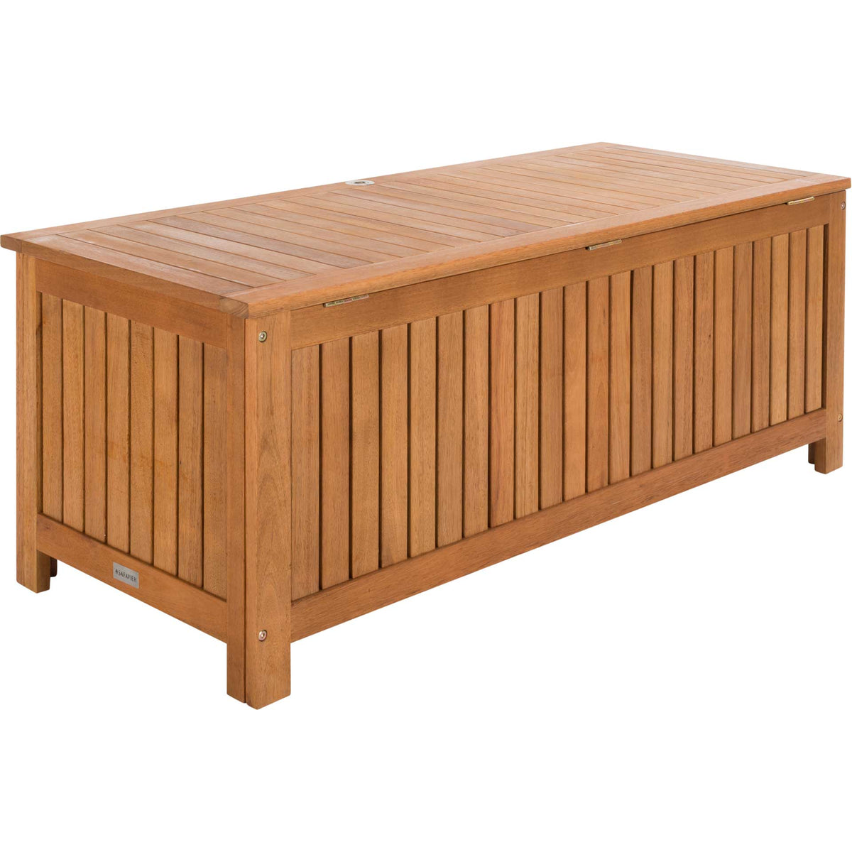 Honey-toned eucalyptus cushion box with slatted panels and a hinged plank lid