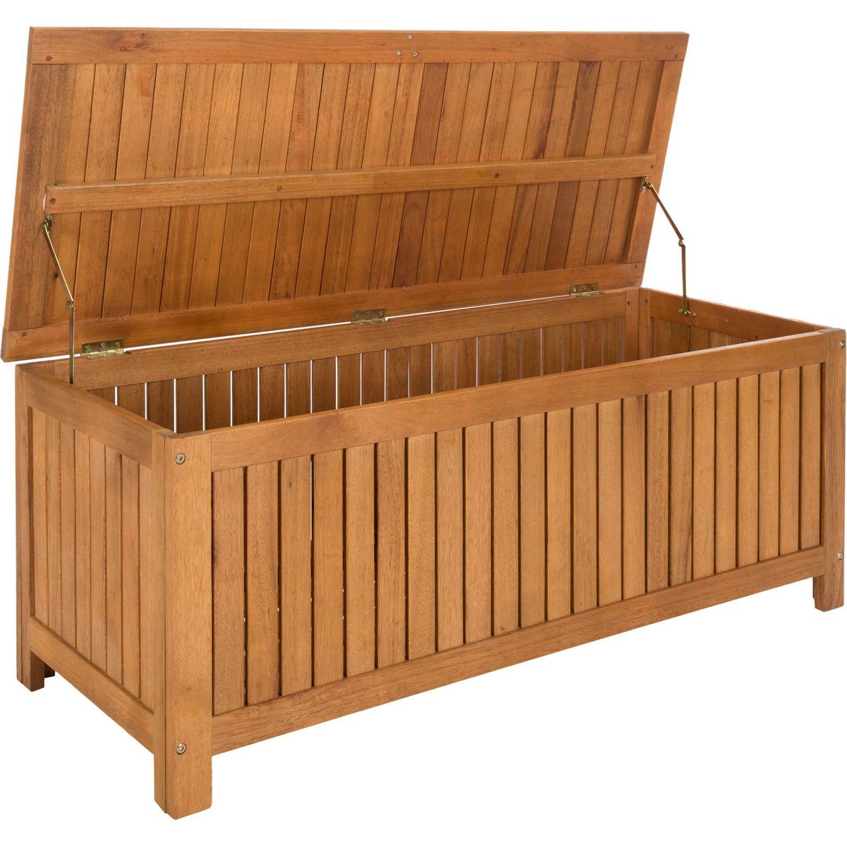 Natural wood cushion box with a lifted slatted lid, roomy storage, and metal supports