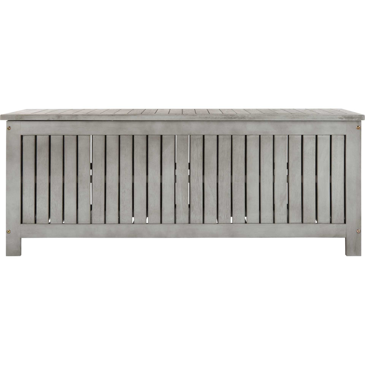 Gray-washed cushion box with a flat slatted lid and a wide panel of vertical wood slats || PAT7037B || front_studio