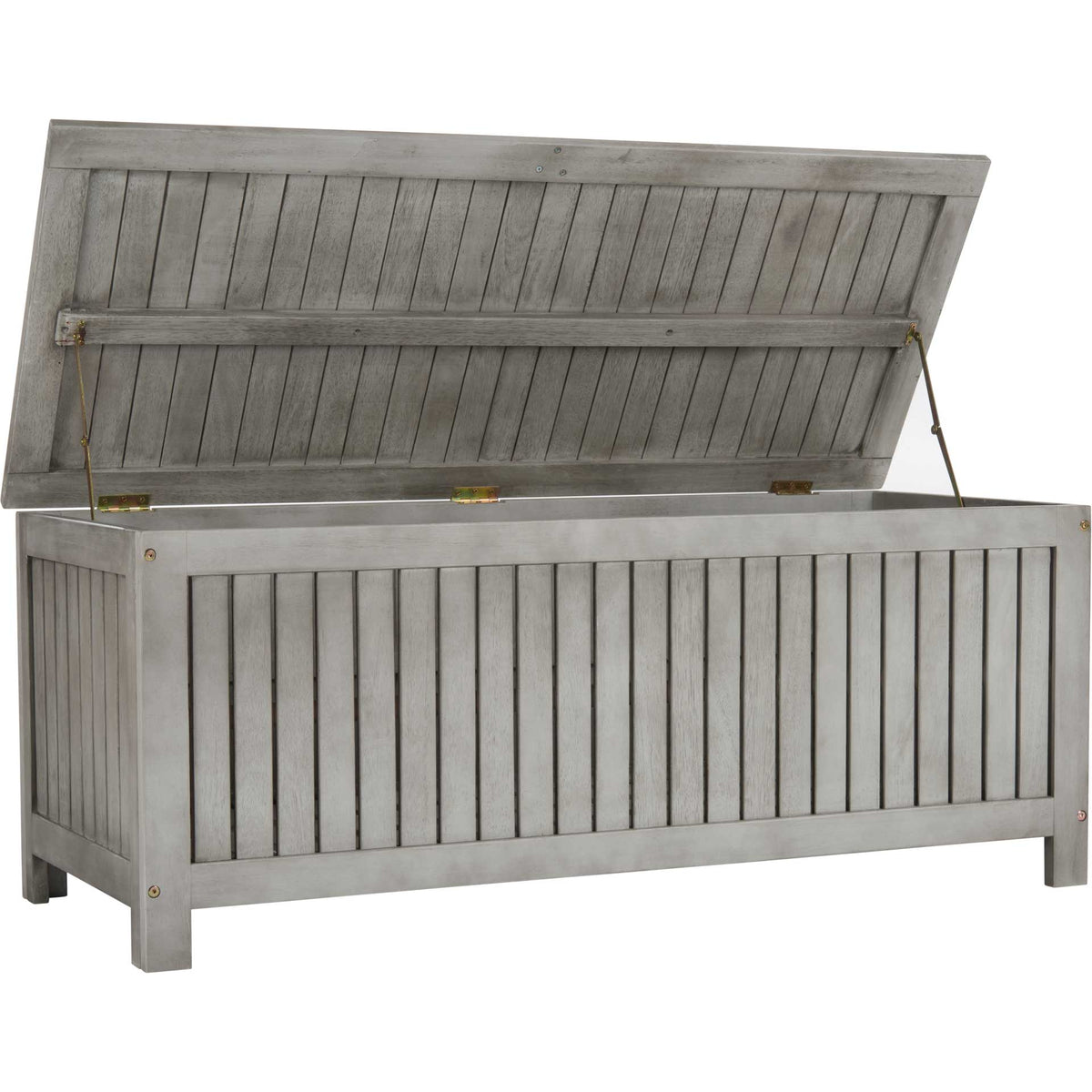 Gray-washed wood storage box with an open slatted lid supported by metal arms