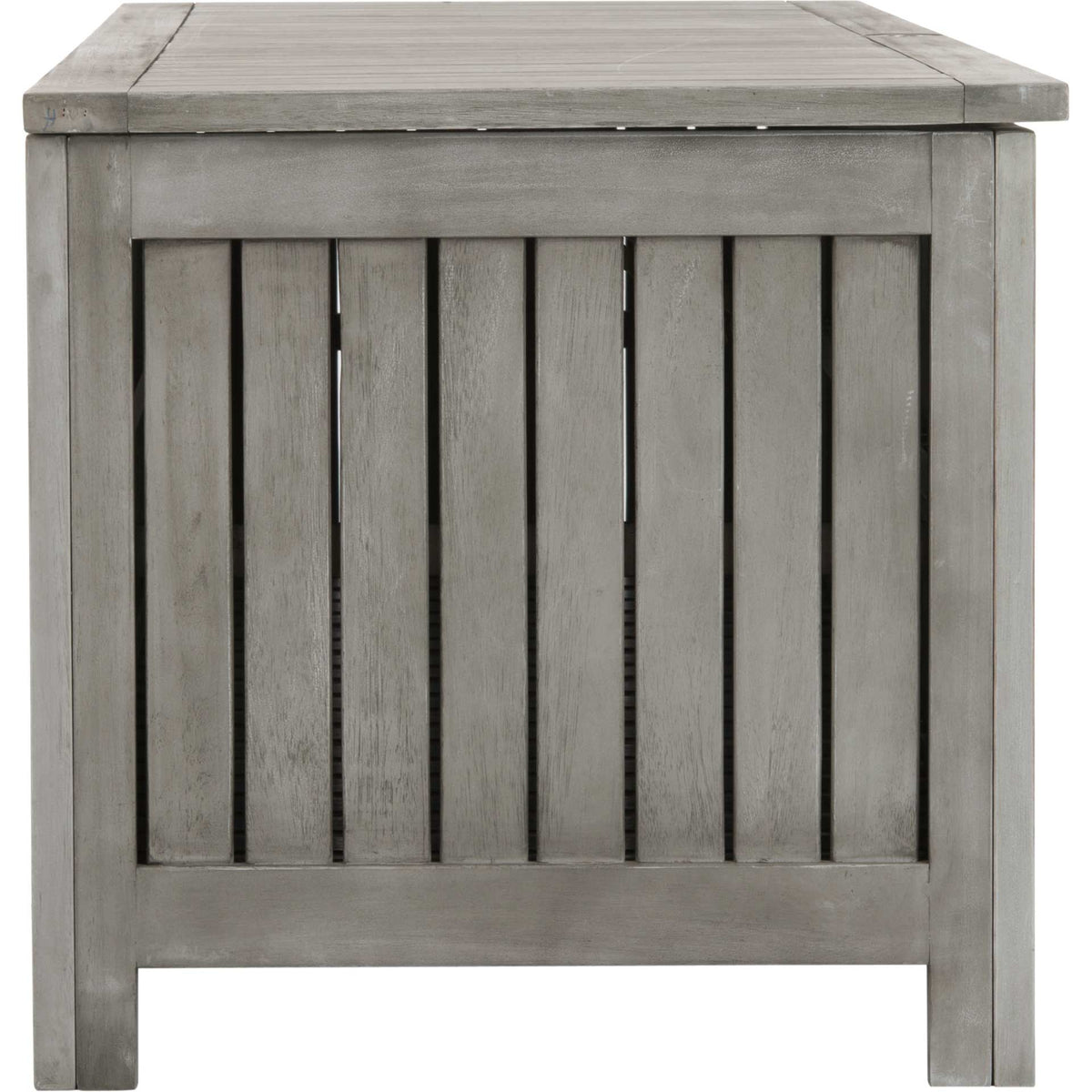 Weathered gray wood grain and vertical slats add texture to the box's sturdy end panel