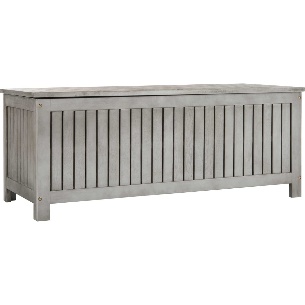 Gray-washed eucalyptus wood and evenly spaced slats give this outdoor storage box coastal appeal || PAT7037B || front_angle_studio