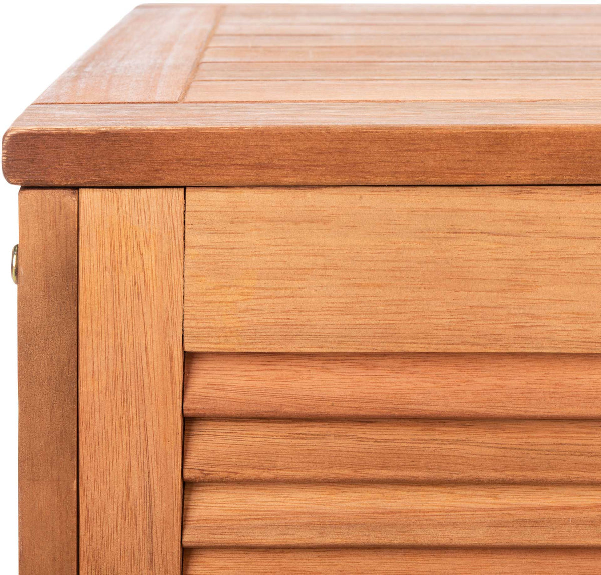 Warm wood grain accents the sturdy frame and louvered side of the cushion box