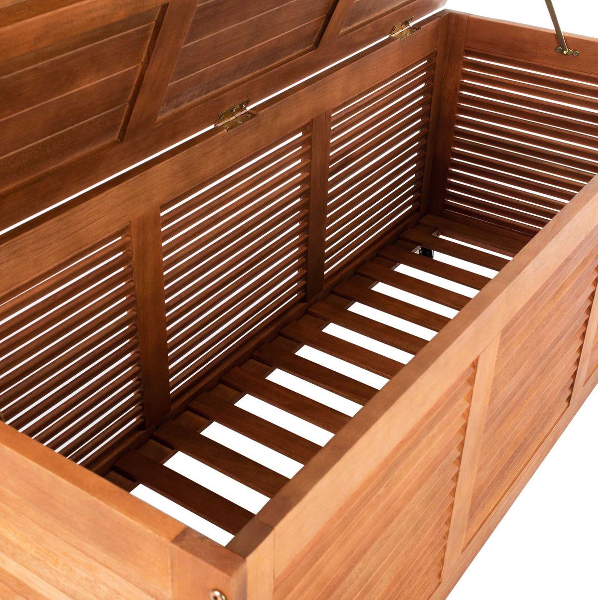 Slatted natural wood base and louvered walls create an airy space for cushions