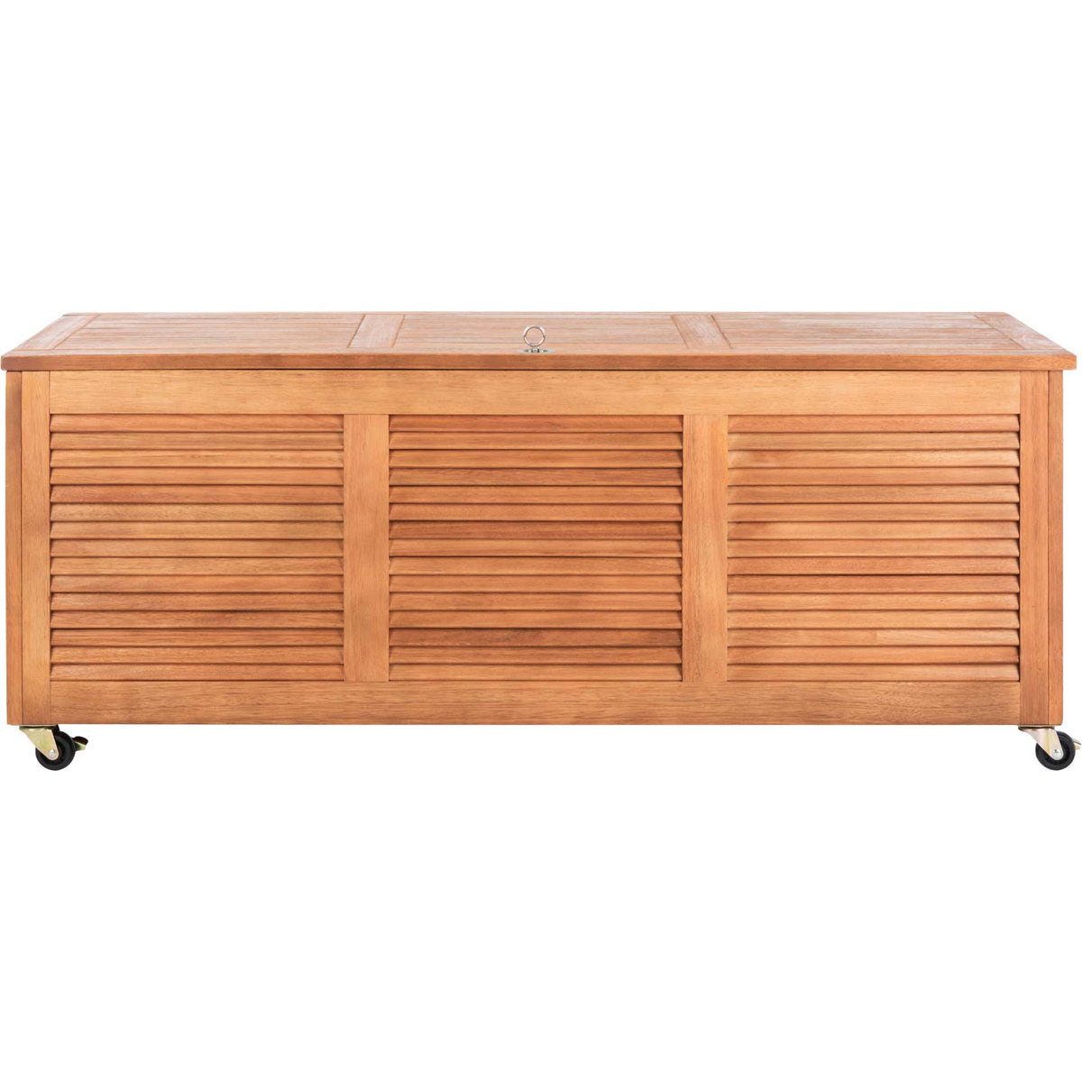 Natural wood storage chest has a slatted lid, three louvered panels and rolling casters || PAT7038A || front_studio