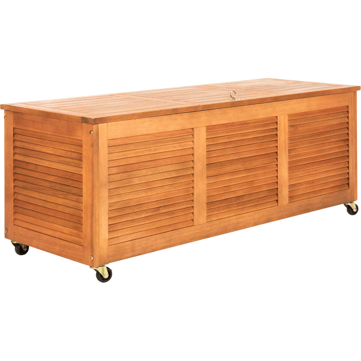 Warm natural eucalyptus wood and louvered panels give this wheeled cushion box a classic look || PAT7038A || front_angle_studio
