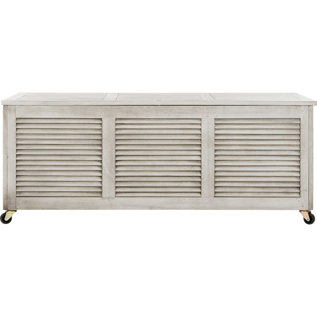 Gray-washed cushion box pairs three louvered panels with a roomy wheeled design || PAT7038B || front_studio