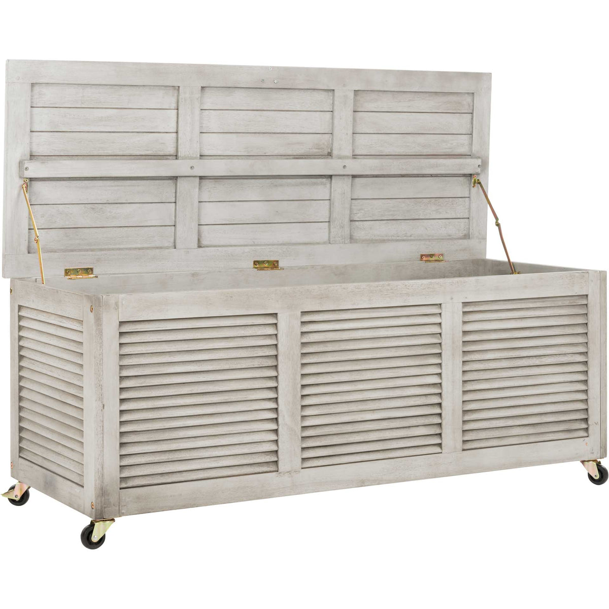 Gray-washed wood chest opens on support arms to hold outdoor cushions beneath its slatted lid