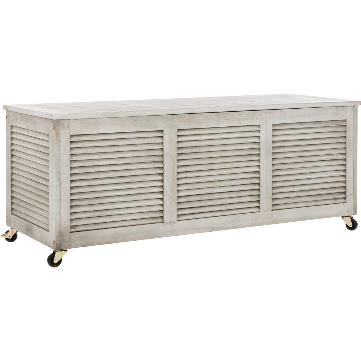 Gray-washed eucalyptus wood box offers louvered panels and a slatted lid for outdoor storage || PAT7038B || front_angle_studio