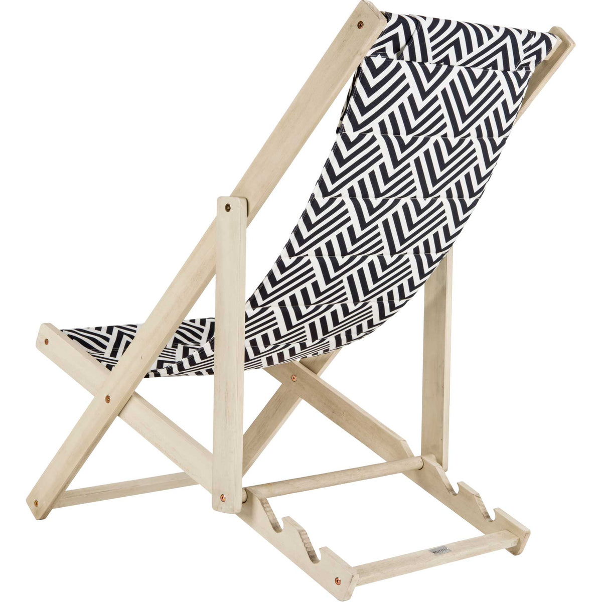 Whitewashed wood supports a graphic navy and white sling above adjustable notched rails