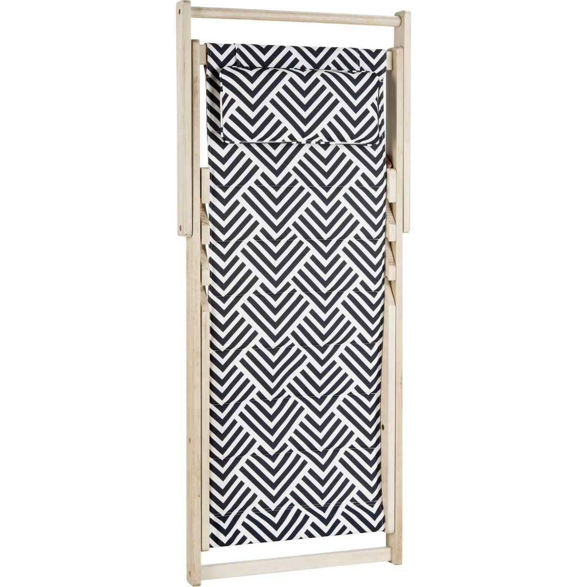 The fold-flat sling chair keeps its bold navy and white pattern on display while storing compactly