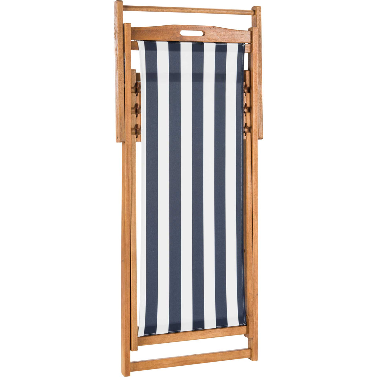 The navy-striped sling tucks neatly inside its folded wood frame for space-saving storage.