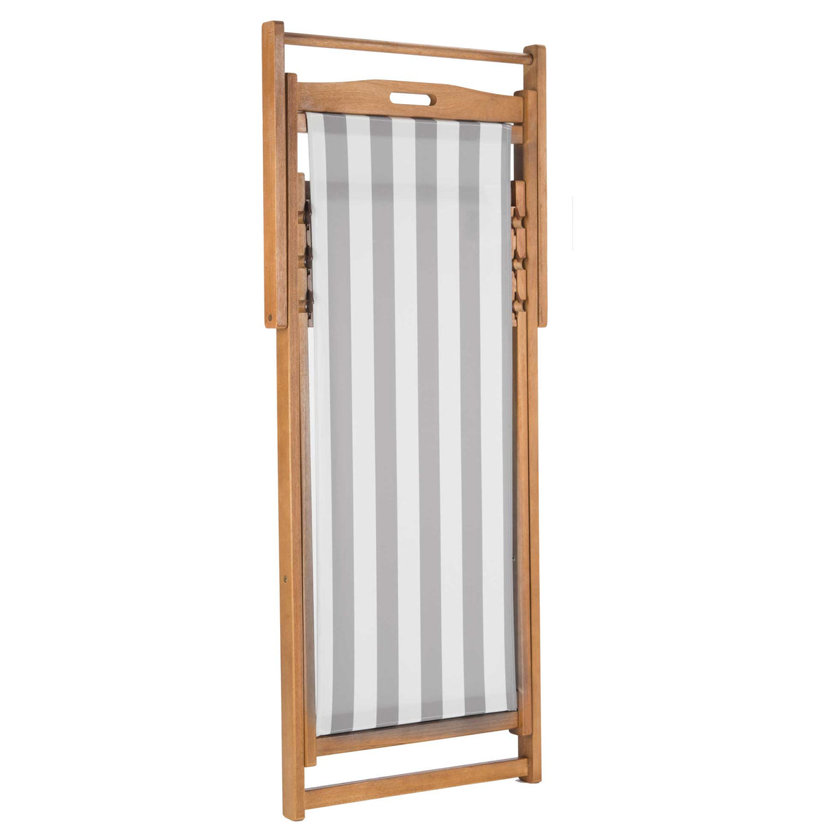 The gray-striped sling chair folds into a slim shape for convenient storage between outings.