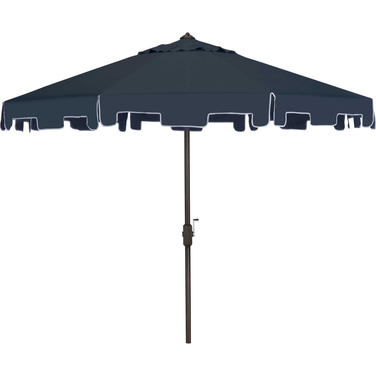 Navy patio umbrella pairs a wide canopy and white-edged valance with a brown pole || PAT8000A || front_studio