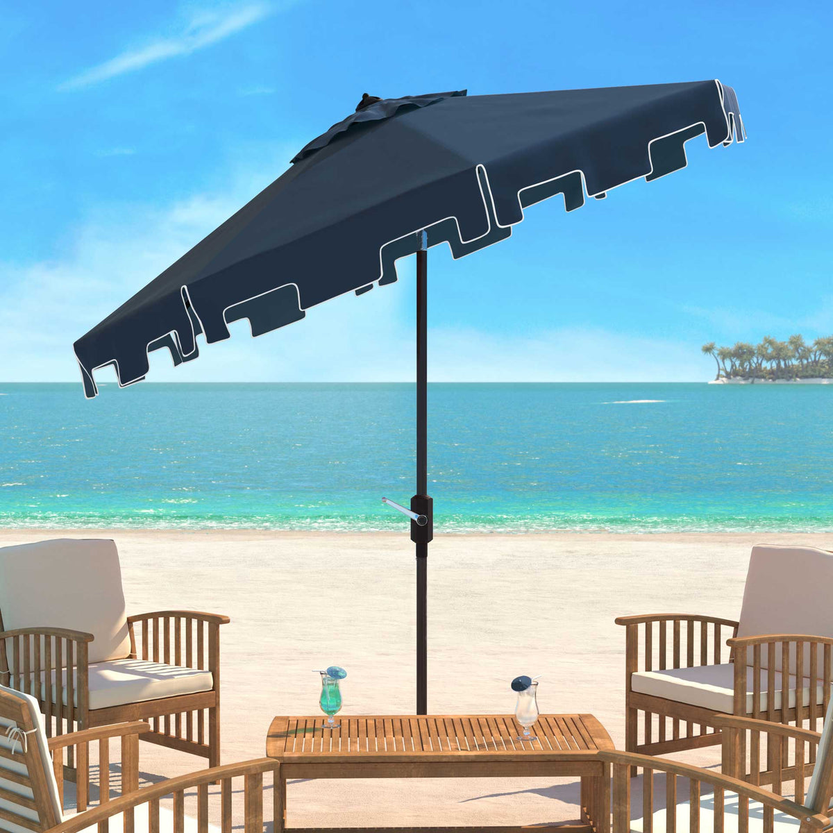 Navy canopy tilts over patio seating, with a white-trimmed valance for extra shade