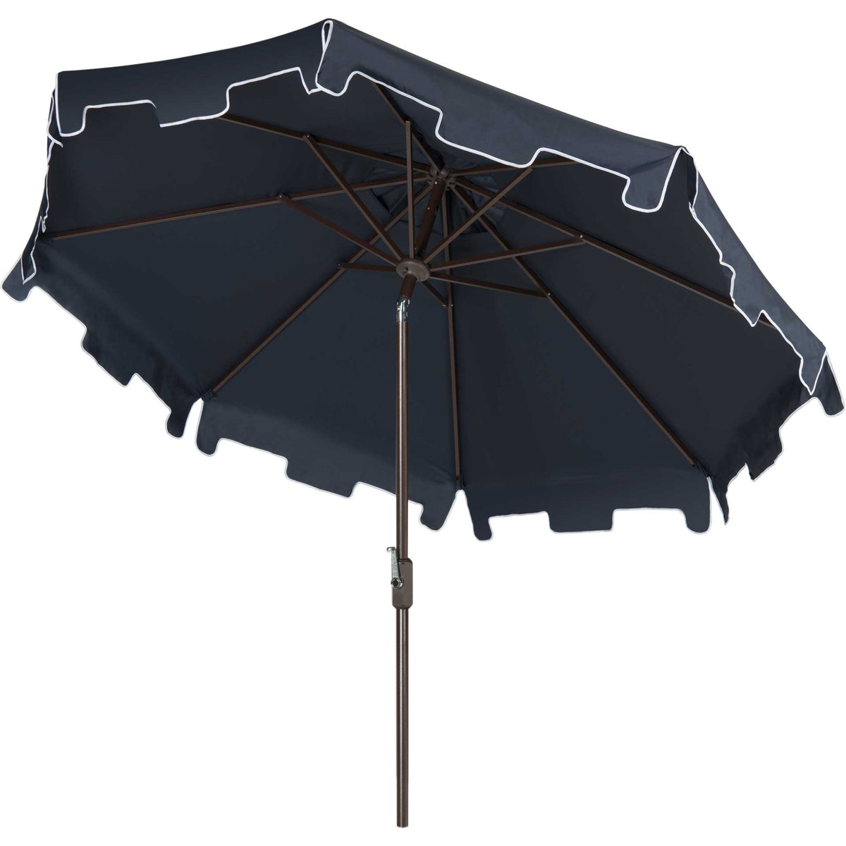 Navy umbrella has a white-trimmed valance and a network of dark metal ribs || PAT8000A || side_studio