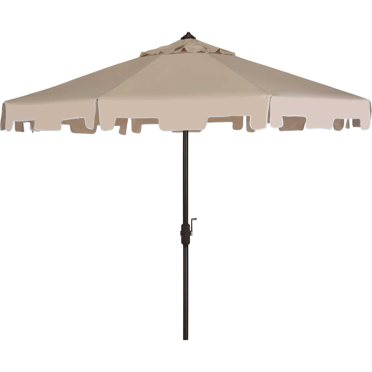 Beige patio umbrella pairs a wide valanced canopy with a slim brown crank pole || PAT8000C || front_studio