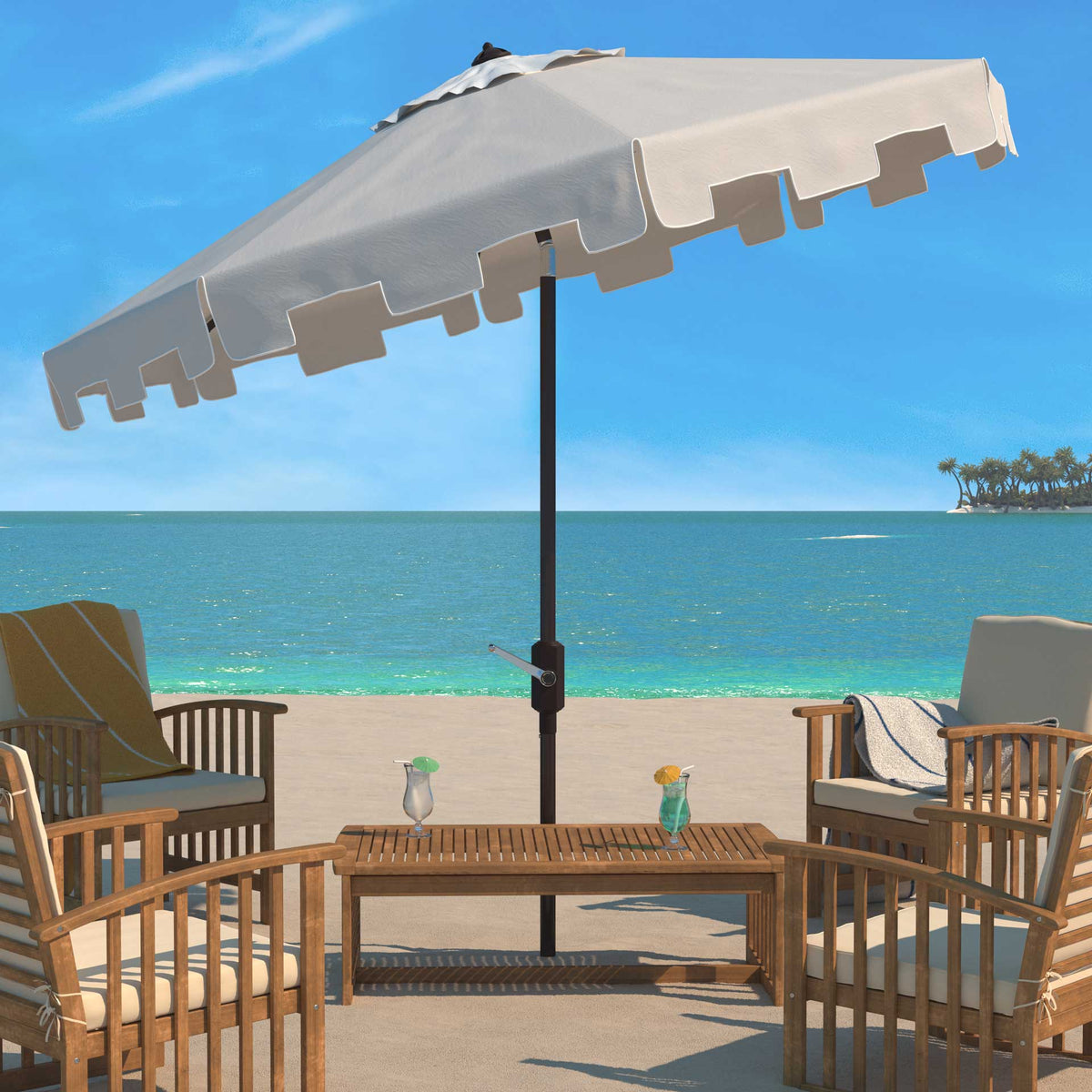 Beige umbrella tilts over patio seating, with a notched valance for extra shade