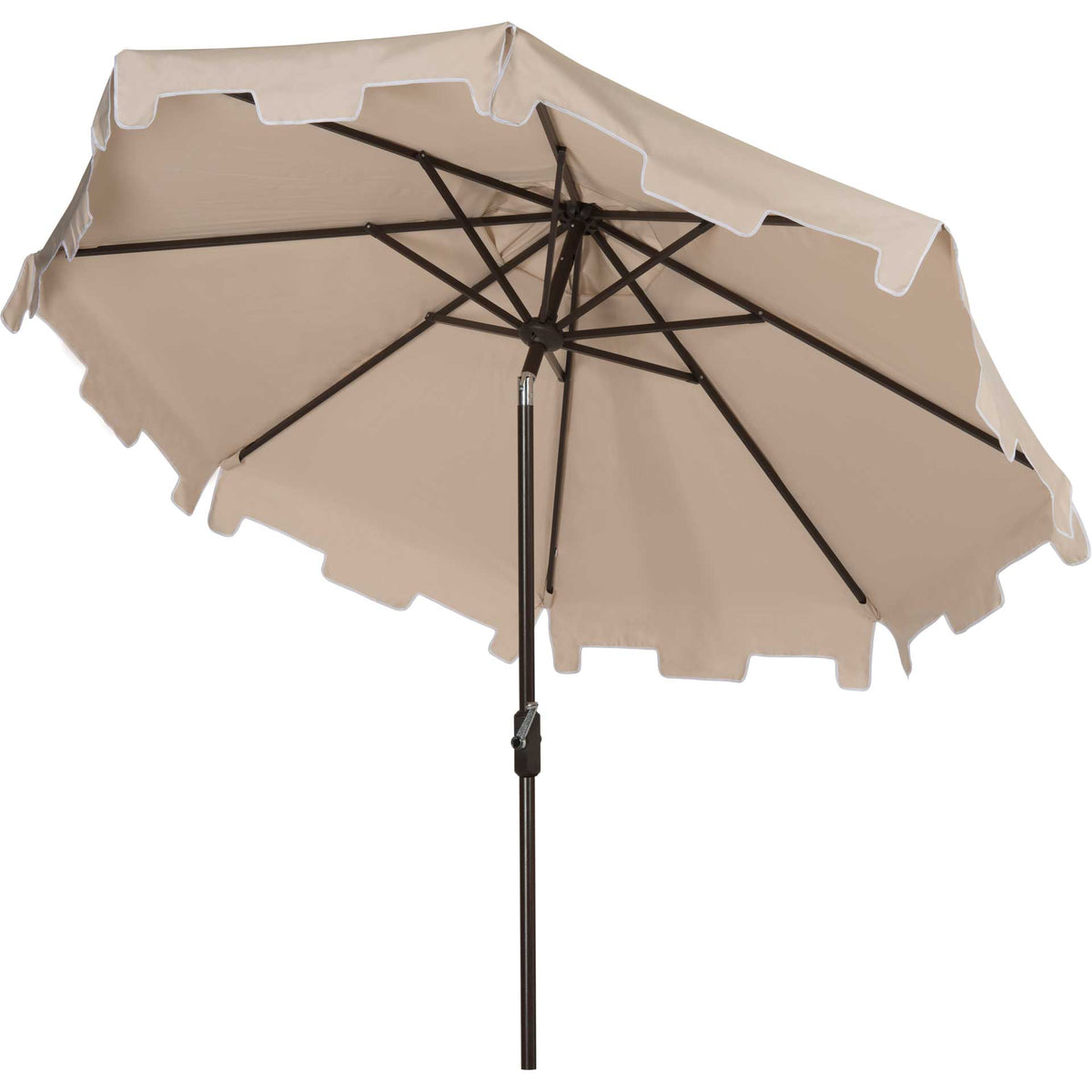 Beige canopy with a notched valance, dark support ribs and a brown center pole || PAT8000C || side_studio