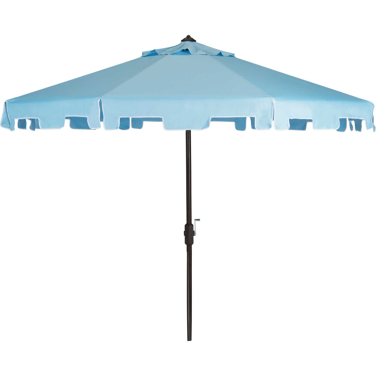 Baby blue market umbrella has a notched valance and a brown crank pole || PAT8000D || front_studio