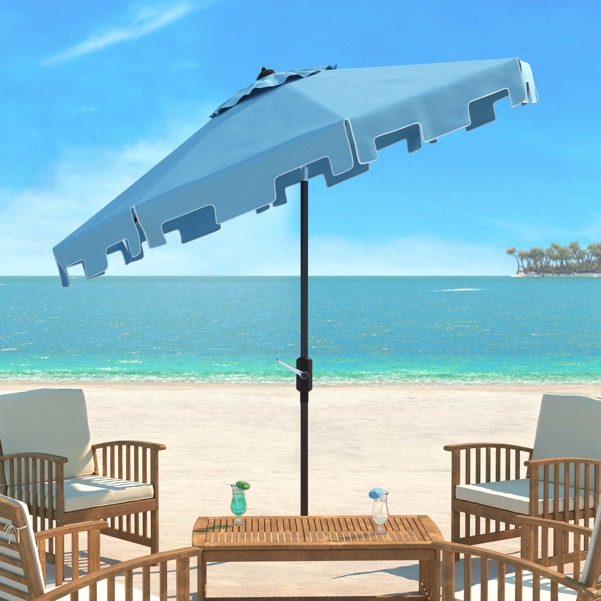 Tilting baby blue umbrella with a notched valance shades outdoor seating