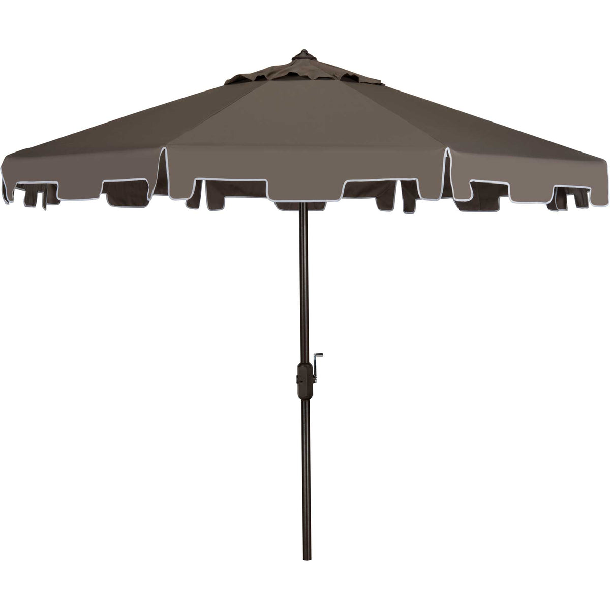 Gray canopy with a notched valance and white piping tops a brown crank pole || PAT8000E || front_studio