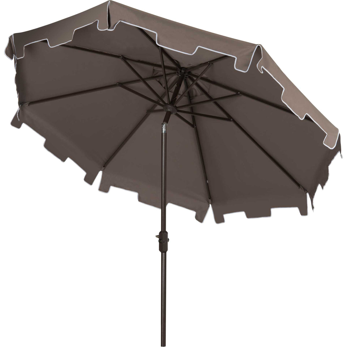 Gray umbrella has dark support ribs beneath its white-trimmed, notched valance || PAT8000E || side_studio