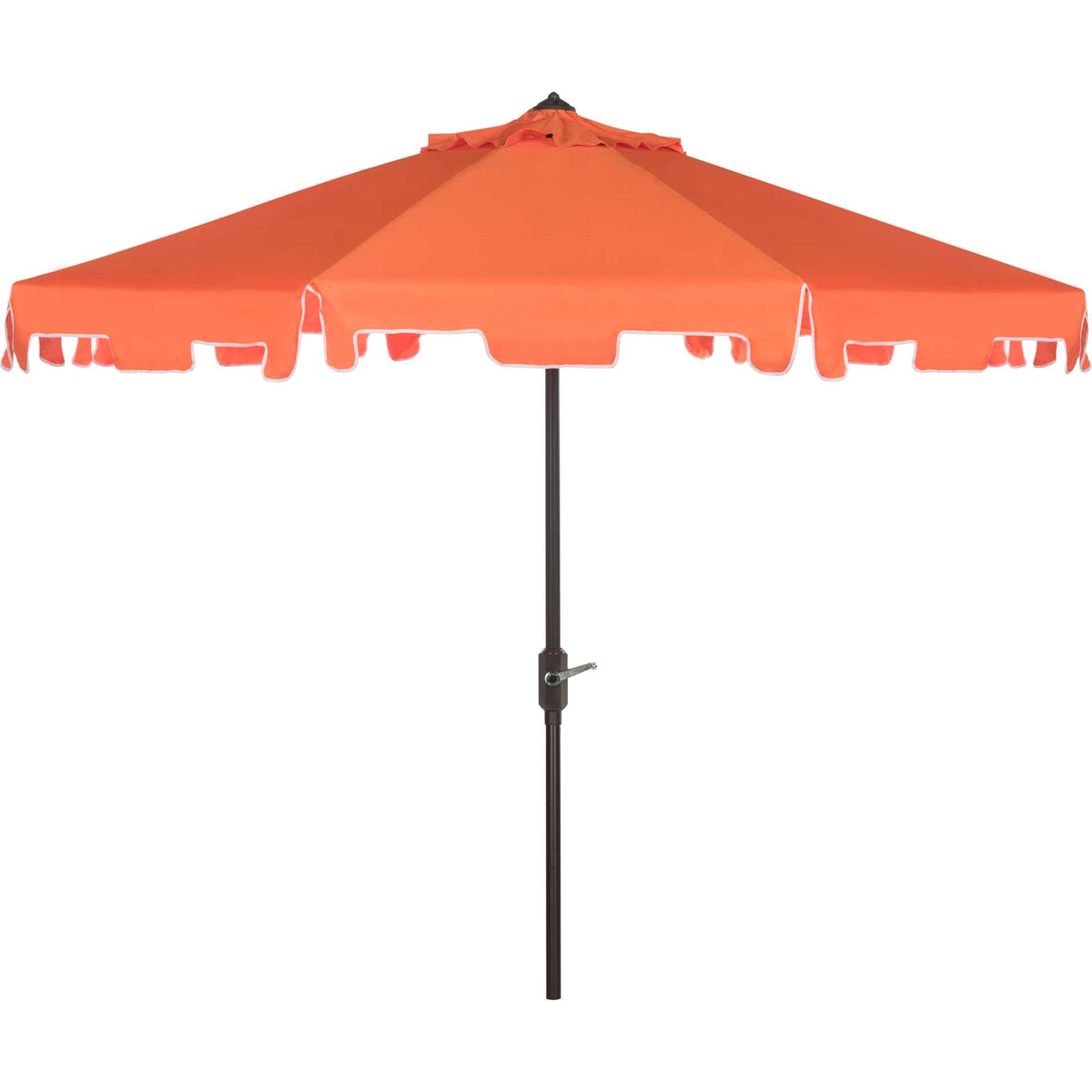 Orange market umbrella features a broad valanced canopy and a slim brown crank pole || PAT8000G || front_studio