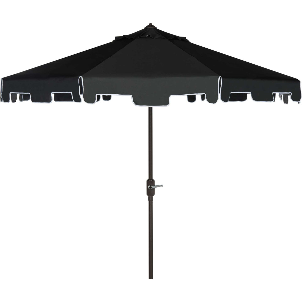 Black patio umbrella features white piping along its notched valance and a crank pole || PAT8000H || front_studio