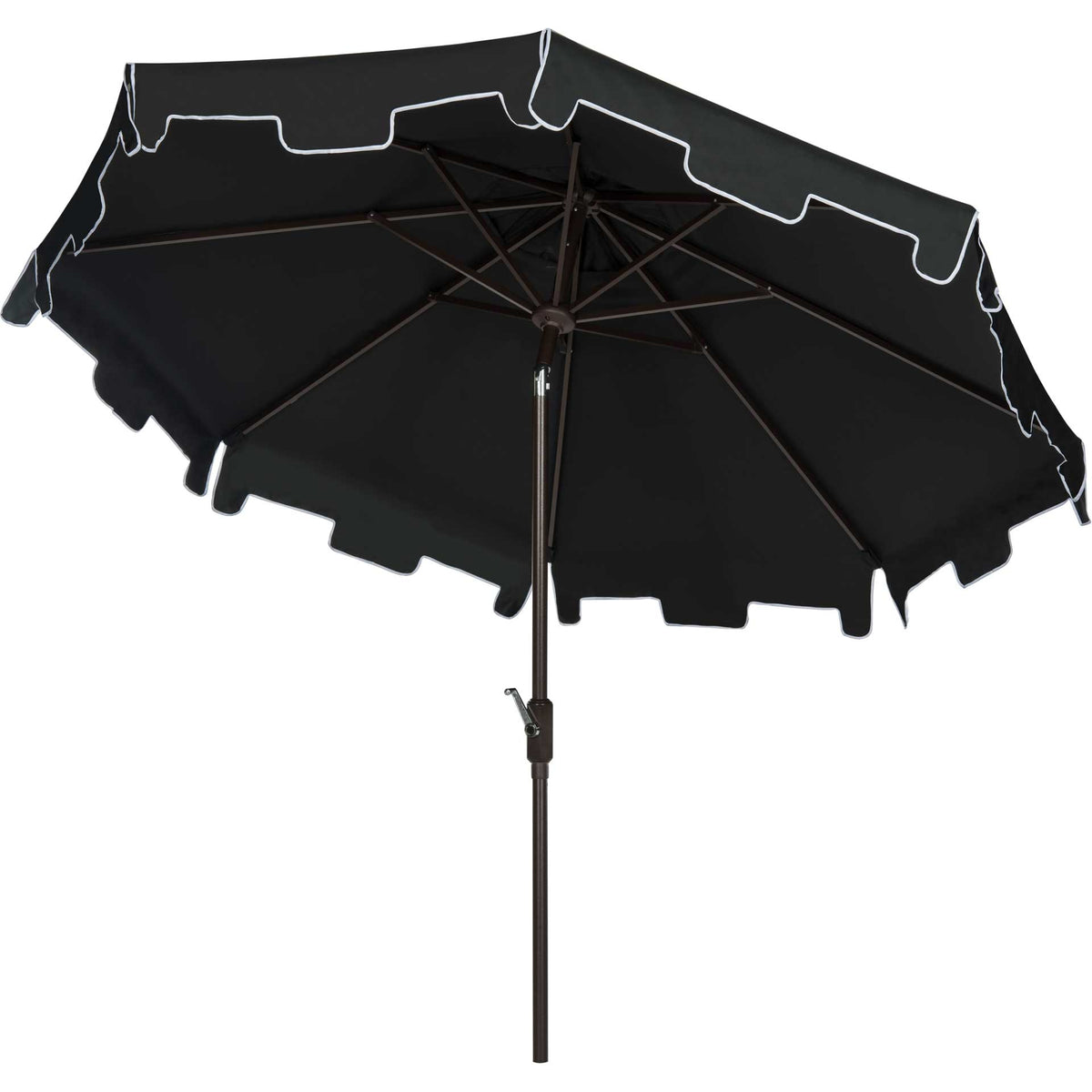 Black canopy with a white-trimmed valance, dark ribs and a brown center pole || PAT8000H || side_studio