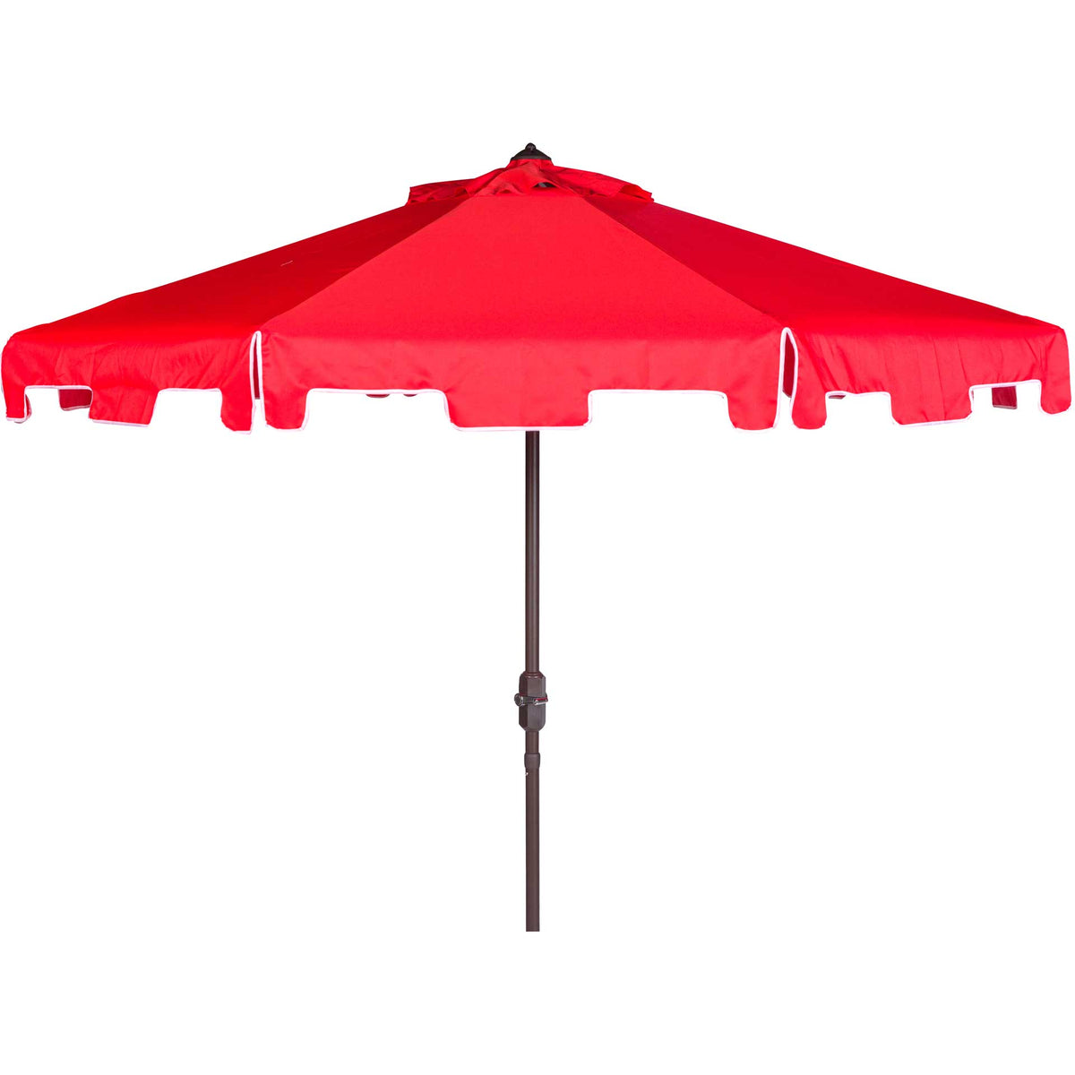Red patio umbrella has a broad canopy, white-edged valance and brown center pole || PAT8000J || front_studio