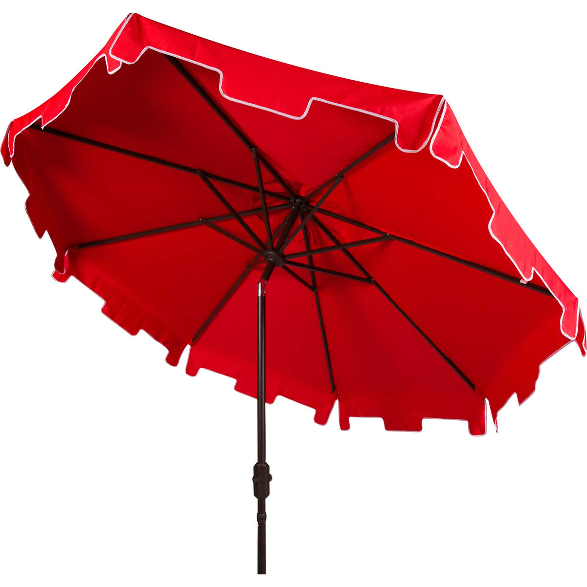 Red canopy has dark support ribs and a notched valance outlined in white || PAT8000J || side_studio