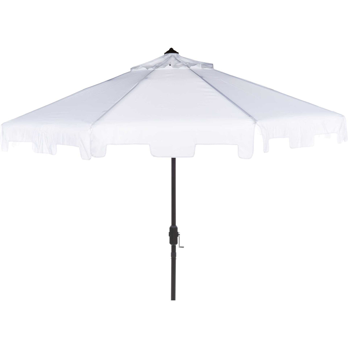 White market umbrella features a broad valanced canopy and a brown crank pole || PAT8000K || front_studio