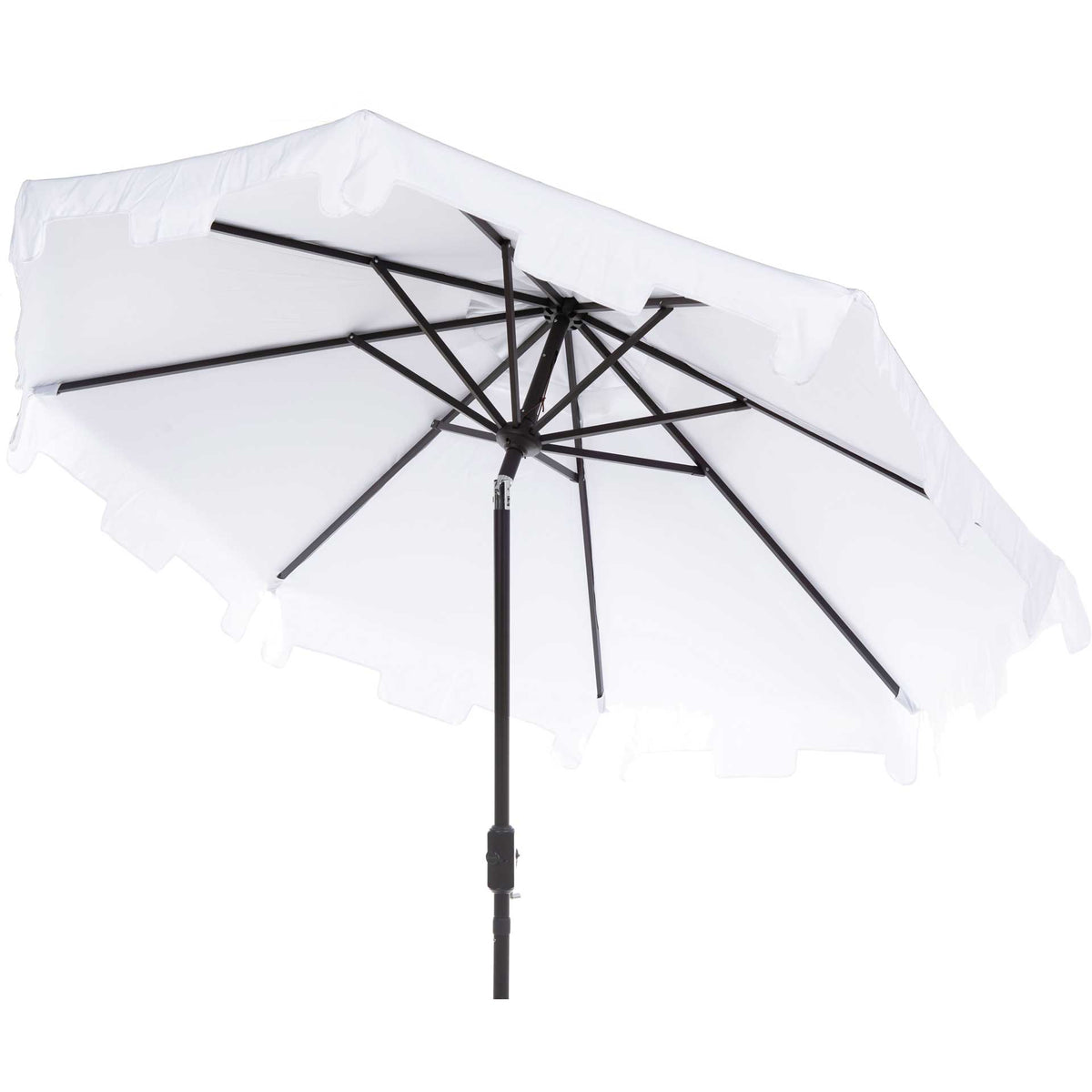 White canopy has dark support ribs and a notched edge above a slim brown pole || PAT8000K || side_studio
