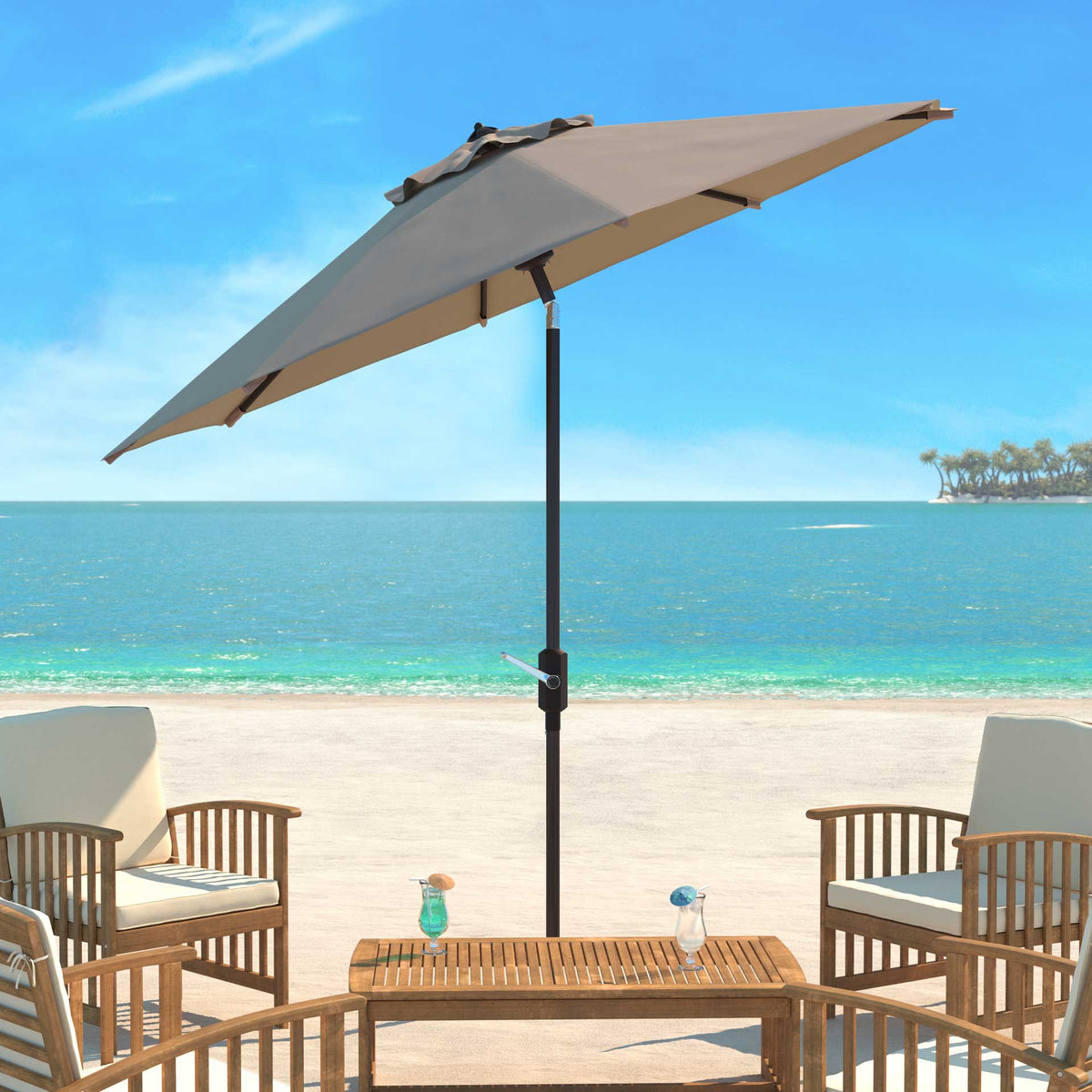 A tilting beige canopy shades a wooden patio table overlooking the water