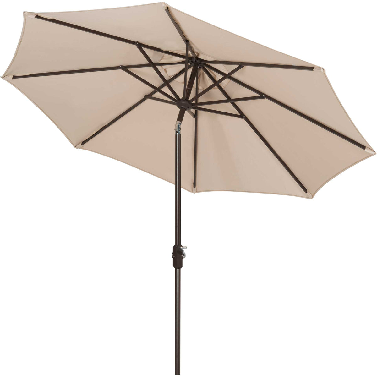 A beige canopy stretches over eight dark support ribs and a slim aluminum pole || PAT8001A || side_studio