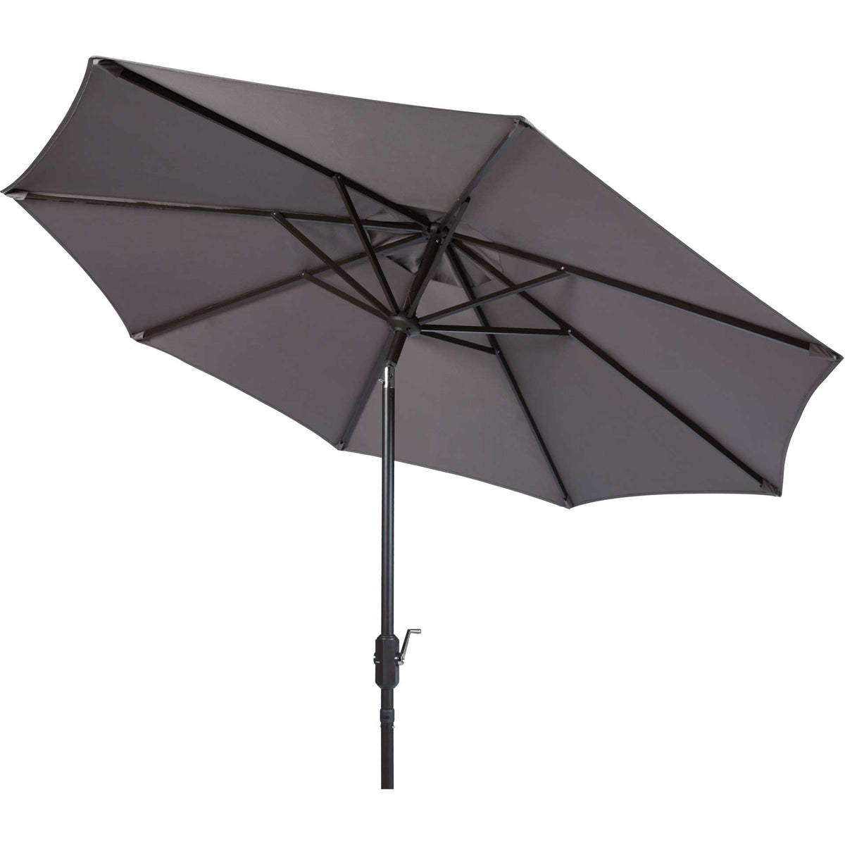A gray canopy tilts over dark support ribs and a slim aluminum pole || PAT8001E || side_converted_studio