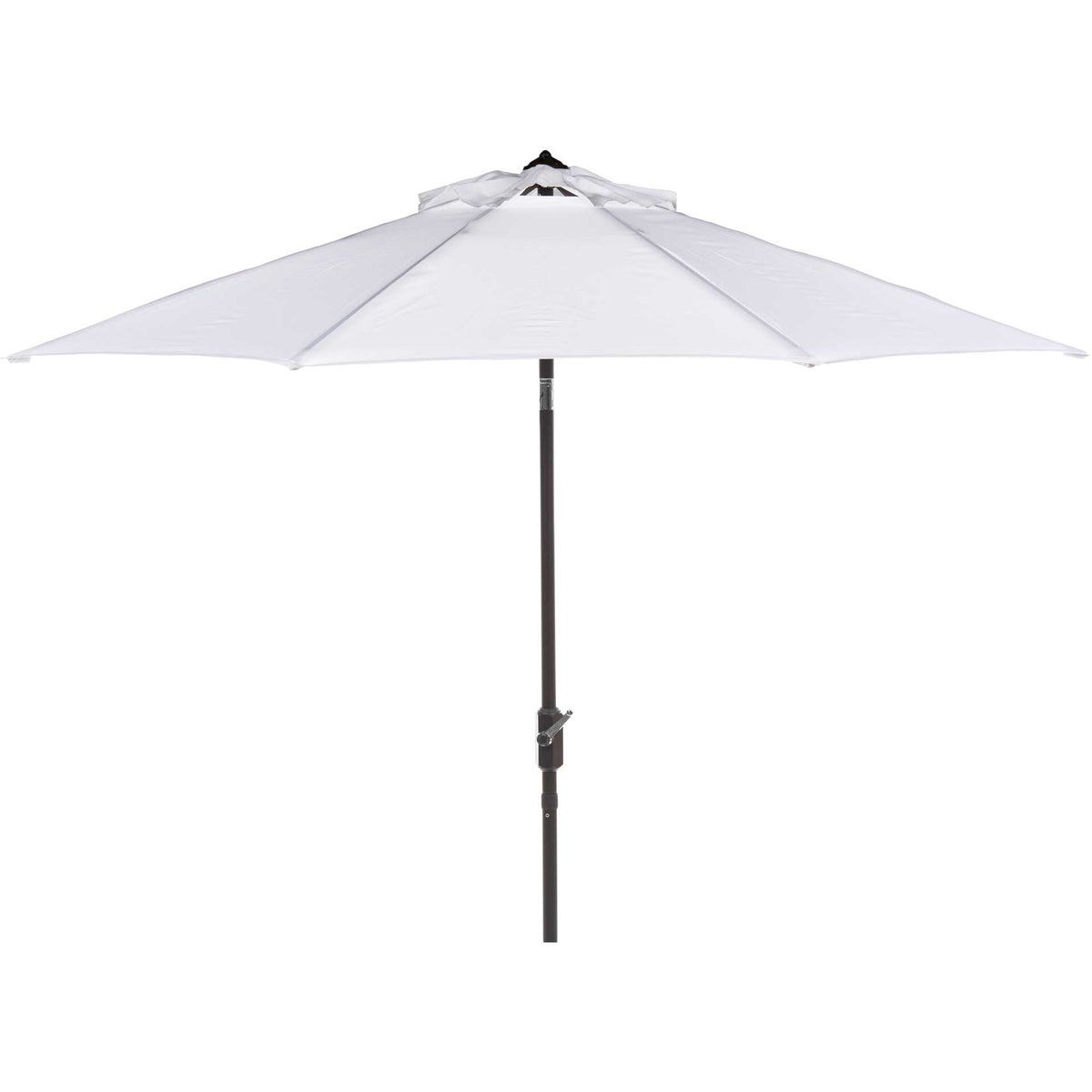 A broad white canopy with a vented peak sits atop a slim brown aluminum pole || PAT8001F || front_studio