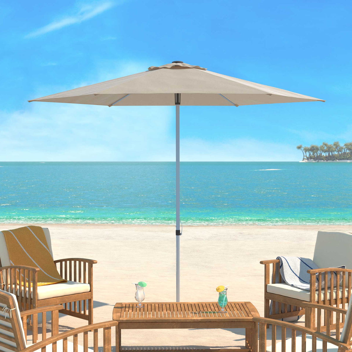 Beige fabric provides welcoming shade for coastal patio seating.