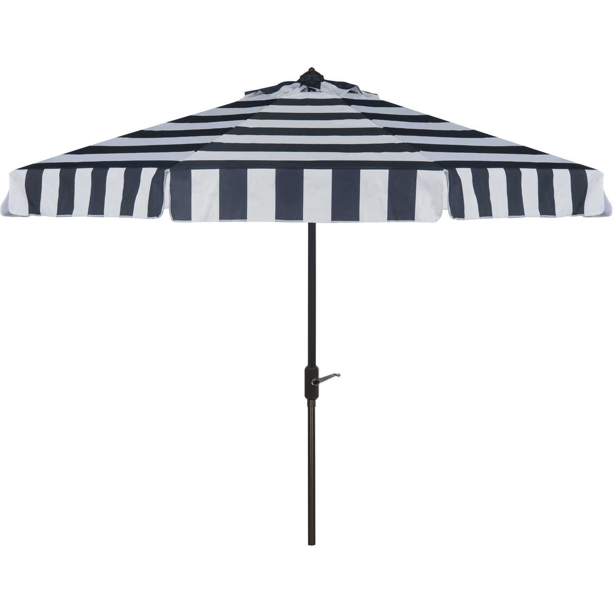Crisp navy-and-white stripes and a tailored valance lend a coastal look to this patio umbrella. || PAT8003B || front_open_studio