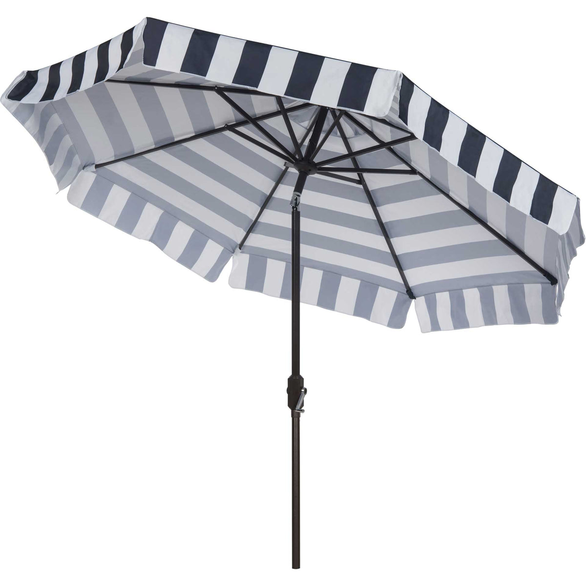 Navy-and-white stripes line the canopy and valance above sturdy support ribs and a dark metal pole. || PAT8003B || side_open_studio