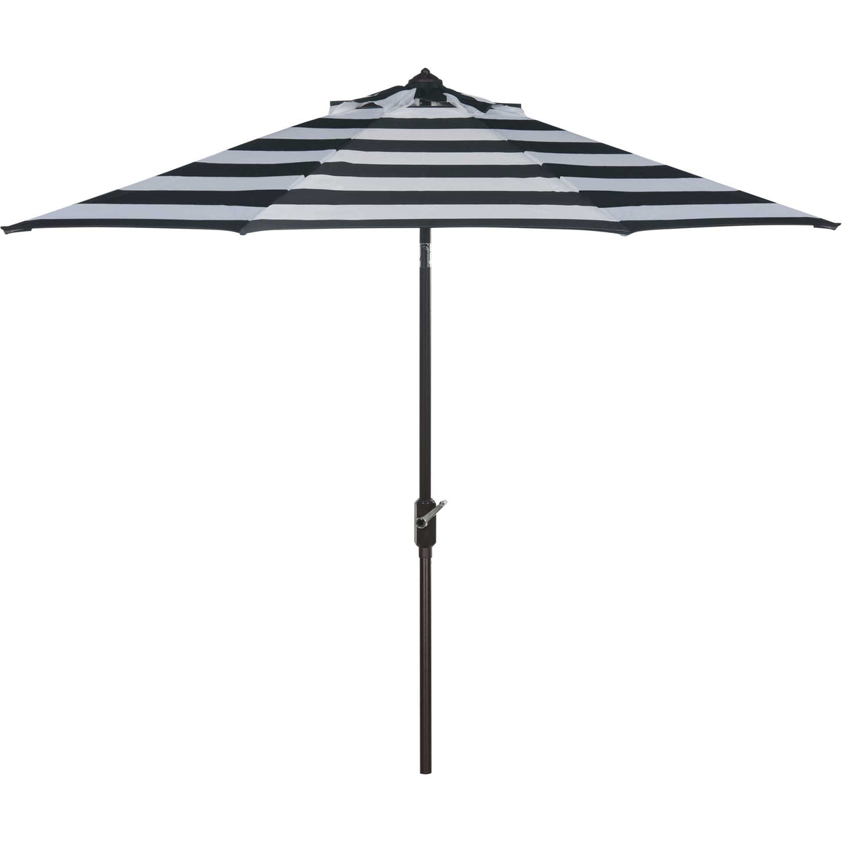 Bold black-and-white stripes spread across a broad canopy above a slender crank pole. || PAT8004A || front_open_studio