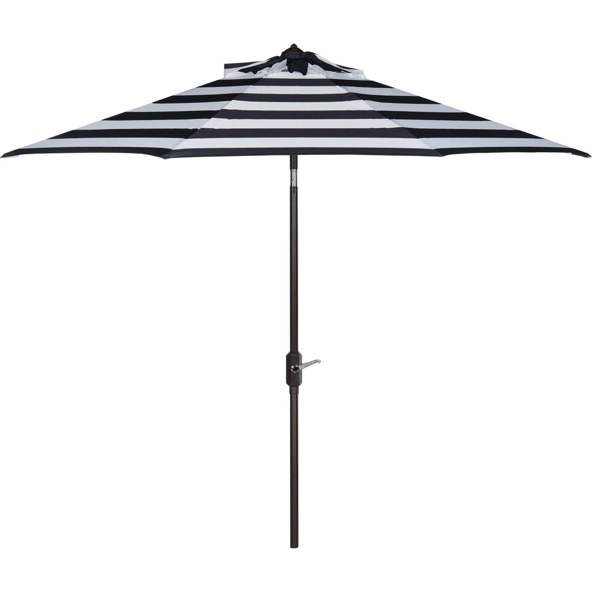Navy-and-white stripes lend nautical style to a wide canopy and dark crank pole. || PAT8004B || front_open_studio